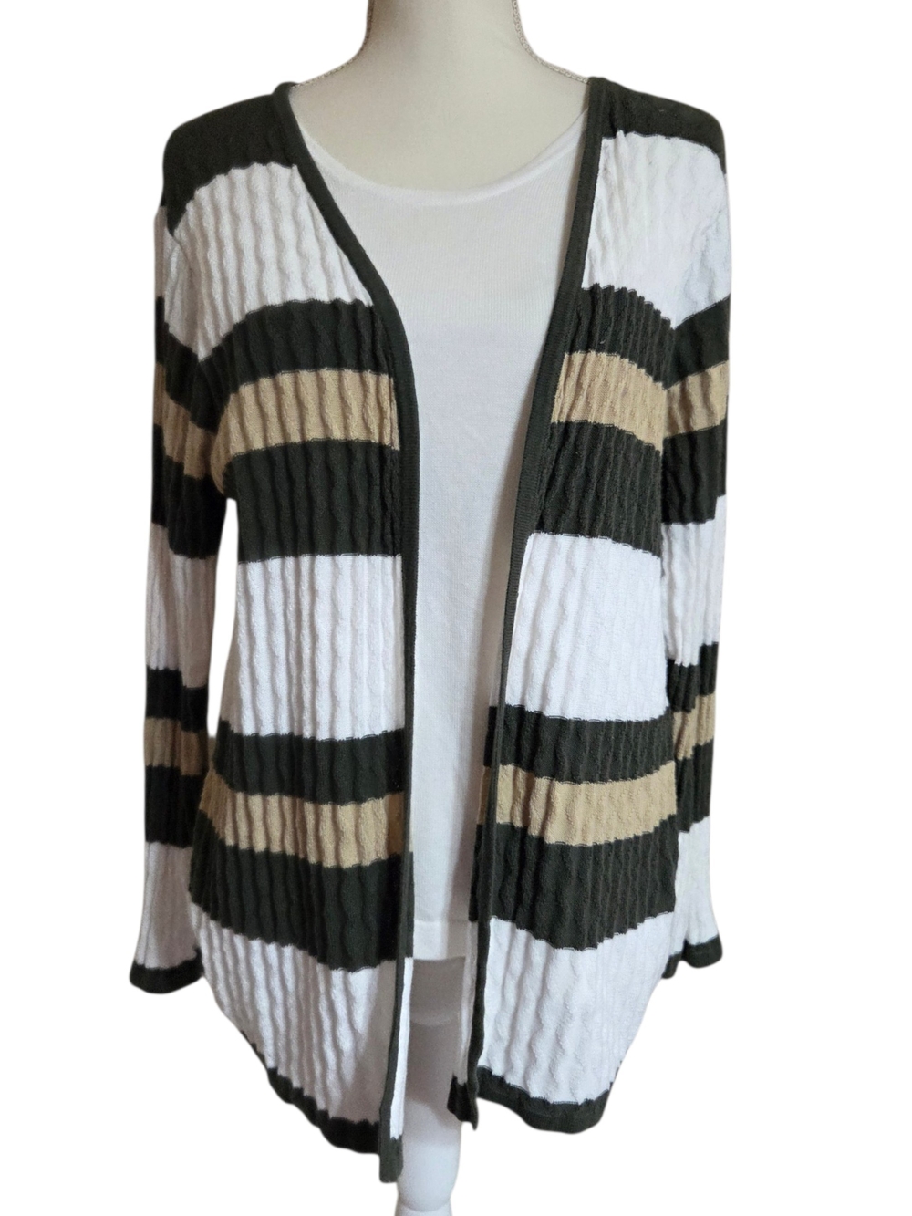 Olive, Tan & White 2-n-1 Striped Cardigan